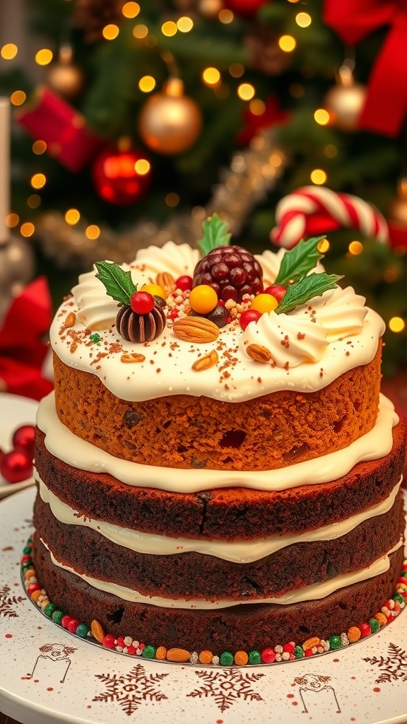 A festive Christmas cake with layers of fruitcake, gingerbread, and chocolate, decorated with icing and holiday ornaments.